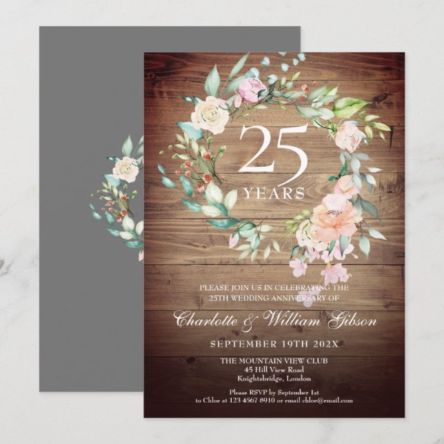 25. Jubiläum Rustic Boho Wood Rose Garland Einladung (Vorne/Hinten)