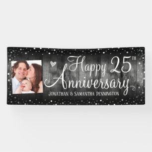 25. Jubiläum Rustikales Holz Foto Silver Confetti Banner