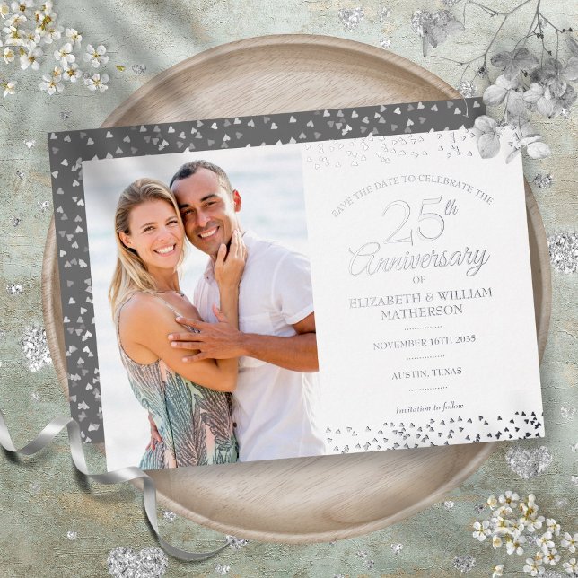 25. Jubiläum Save the Date Foto Silver Folieneinladung (25th Anniversary Save the Date Photo Silver Foil Invitation)
