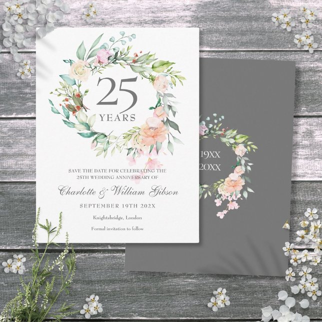 25. Jubiläum Save the Date Rose Garland Ankündigungspostkarte (25th Anniversary Save the Date Roses Garland Announcement Postcard)