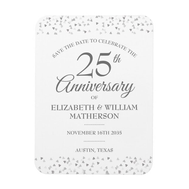 25. Jubiläum Save the Date Silberherzen Magnet (Vertikal)
