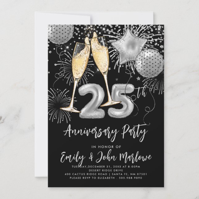 25. Jubiläum Silver Glitzer Confetti Champagne Einladung (Vorderseite)