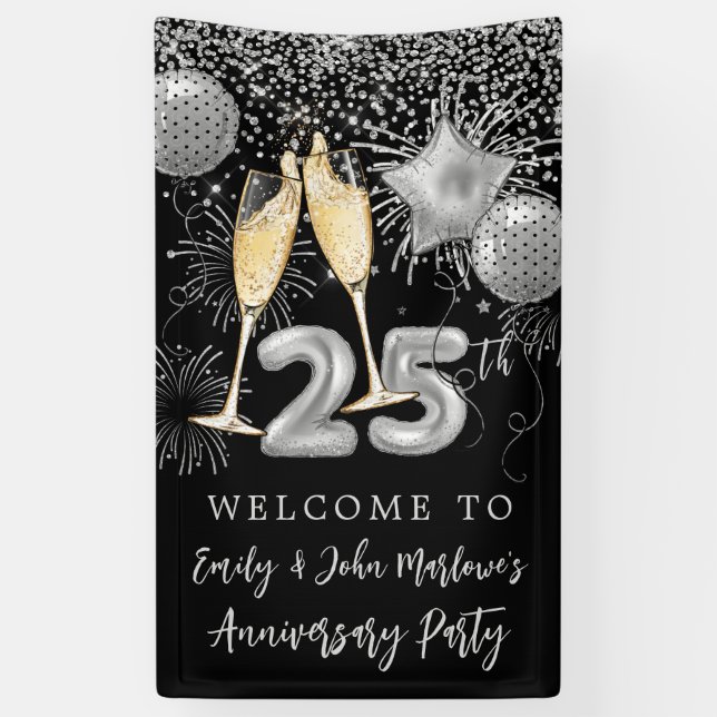 25. Jubiläum Silver Glitzer Confetti Willkommen Banner (Vertikal)
