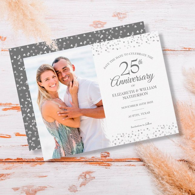 25. Jubiläum Silver Hearts Save the Date Foto Ankündigungspostkarte (Von Creator hochgeladen)