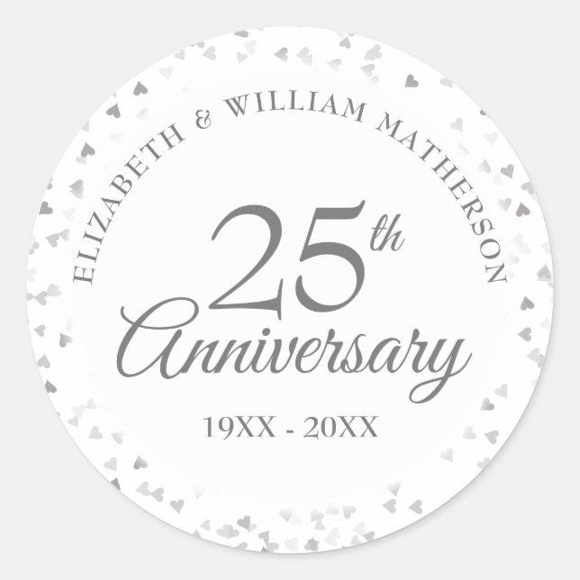 25. Jubiläum Silver Liebe Hört Confetti Runder Aufkleber (Vorderseite)