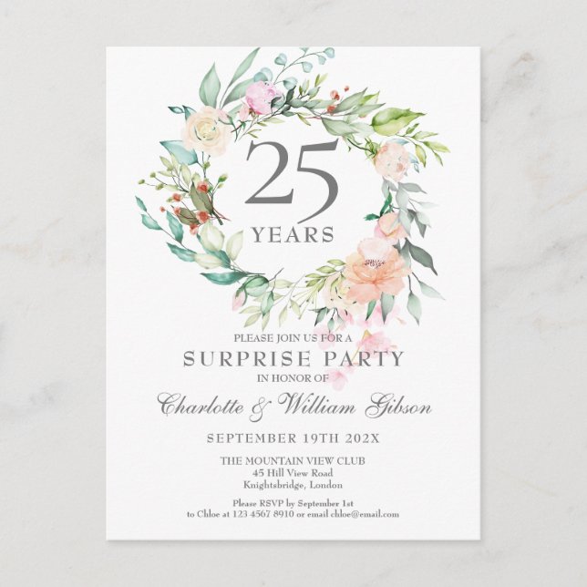 25. Jubiläum Überraschung Party Rose Garland Ankündigungspostkarte (Vorderseite)
