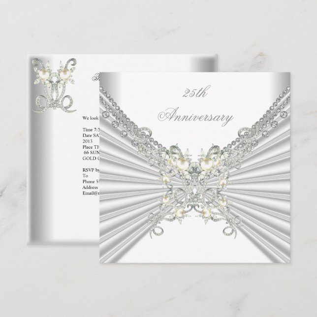 25. Jubiläum Weiße Silber Perle Jewel 2 Einladung (Vorne/Hinten)