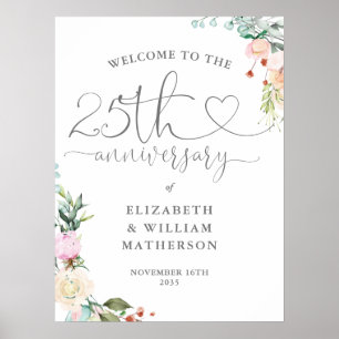 25. Jubiläums Herz Schrift Blumen Willkommensschil Poster