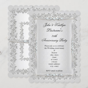 25. Jubiläumsfeier Rose Damask Silber Weiß 2 Einladung