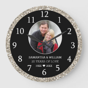 25. Jubiläumsfoto Schwarz und Silber Glitter  Große Wanduhr