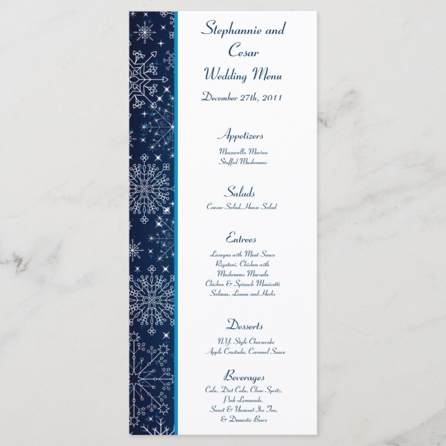 25 Menu Cards Blaue Sterne und Schneeflocken Menükarte (Vorderseite)