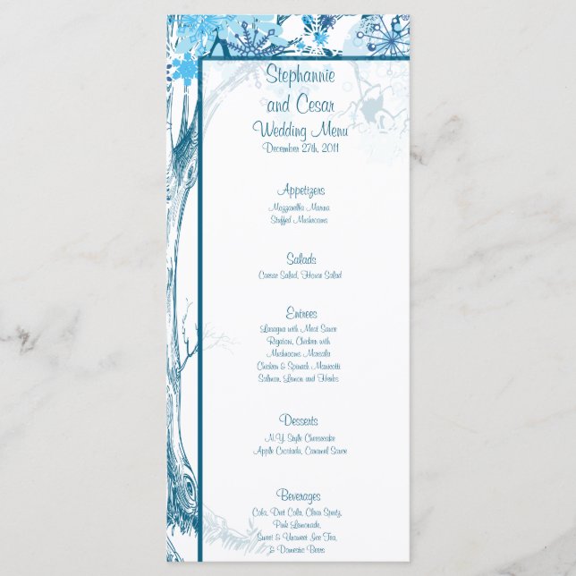 25 Menu Cards Blauer Tree / Schneeflocken Menükarte (Vorderseite)