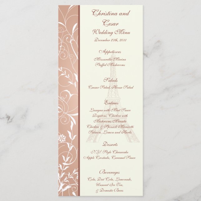 25 Menu Cards Blumenspirale in Paris Menükarte (Vorderseite)