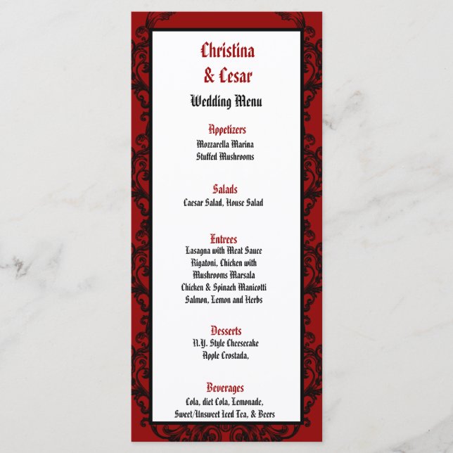 25 Menu Cards Crimson Red Verziert Embellishment R Menükarte (Vorderseite)