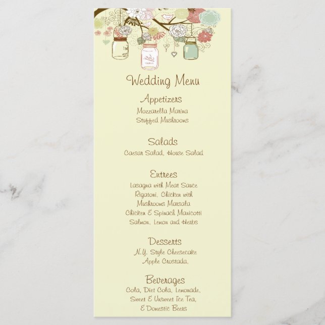 25 Menu Cards Frühlingsflorale Mason Jars grün ros Menükarte (Vorderseite)