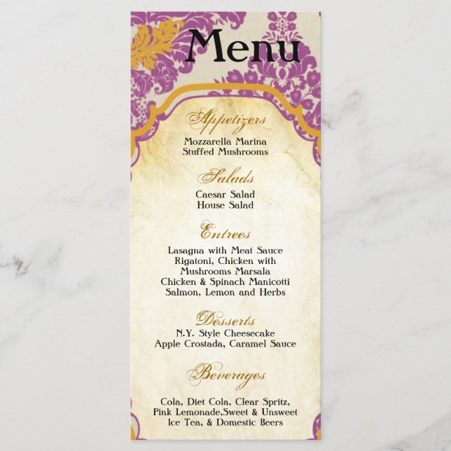 25 Menu Cards Lila Gold Damask Spitzen Druckpatter Menükarte (Vorderseite)