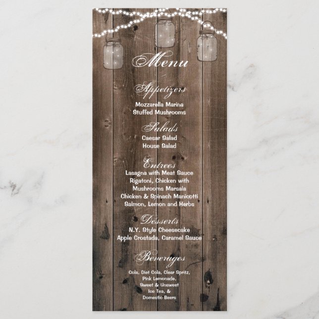 25 Menu Cards Mason Jar String Lights Barn Wood Menükarte (Vorderseite)