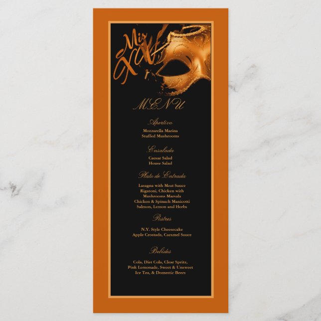 25 Menü Cards Mis XV Orange Black Party Menükarte (Vorderseite)