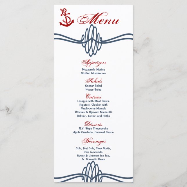 25 Menu Cards Navy Nautical Knot Anchor Blue Red Menükarte (Vorderseite)
