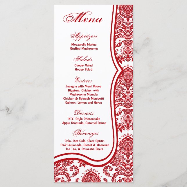 25 Menu Cards Red Crimson White Damask Lace Print Menükarte (Vorderseite)