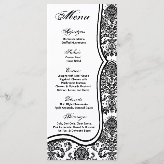 25 Menü Cards Schwarz-weiß Damask Lace Print Patte Menükarte (Vorderseite)