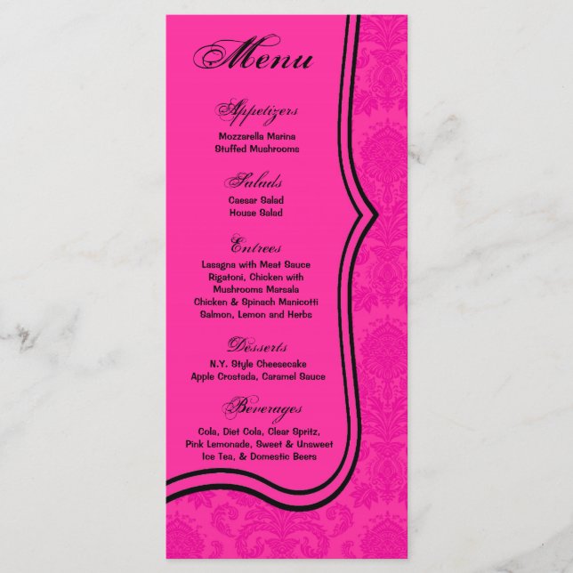 25 Menü-Karten Hot Pink Black Damask Leiste Druck Menükarte (Vorderseite)