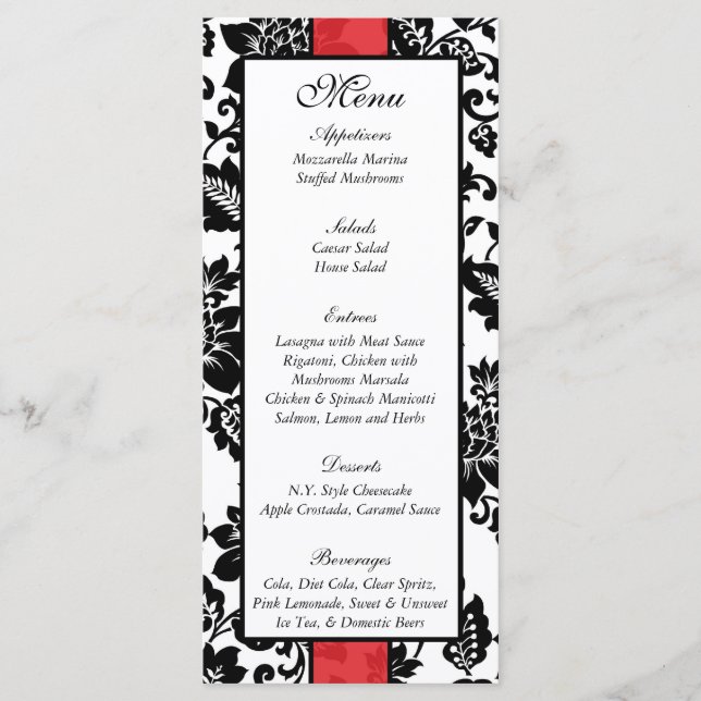 25 Menu Mariage damassé Floral Noir/Rouge (Devant)