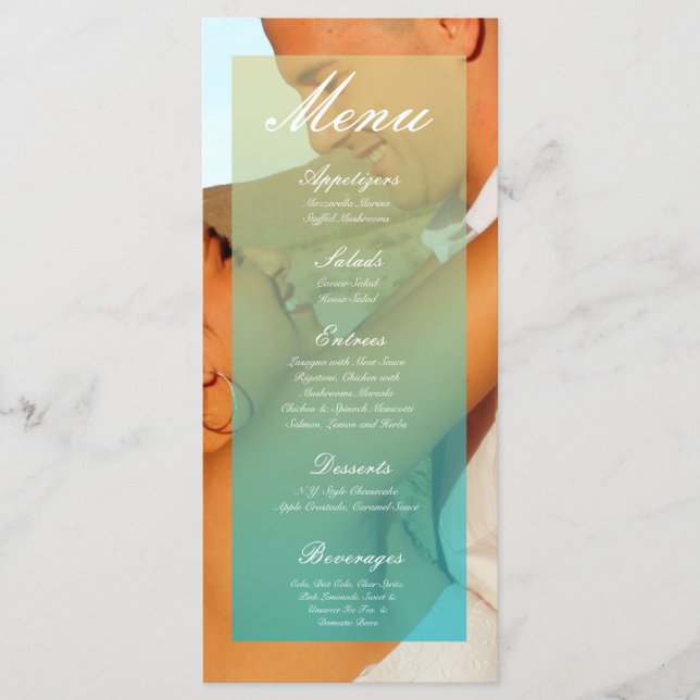 25 Menükarten Blue Ombre Sunset Fade Aquamarin Tan (Vorderseite)
