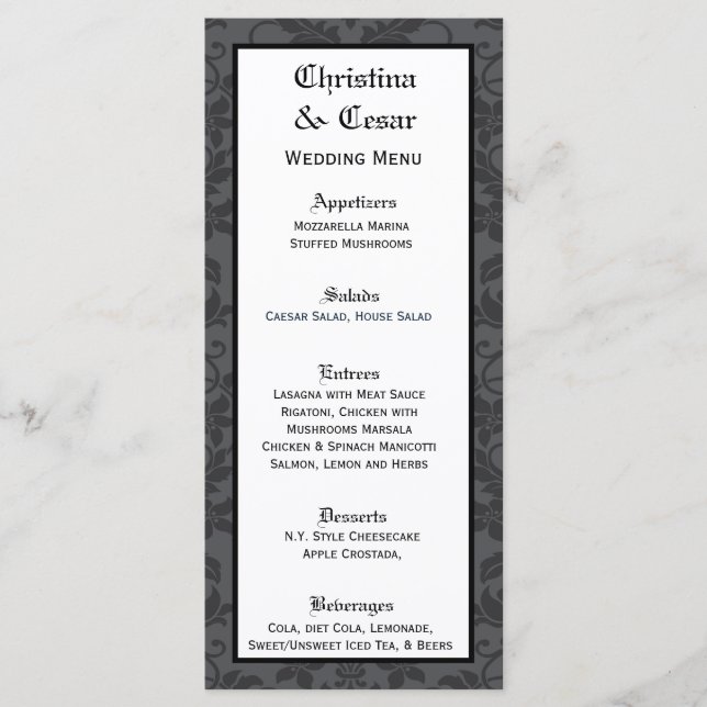 25 Menükarten Schwarz Graue formale Gothic Print (Vorderseite)