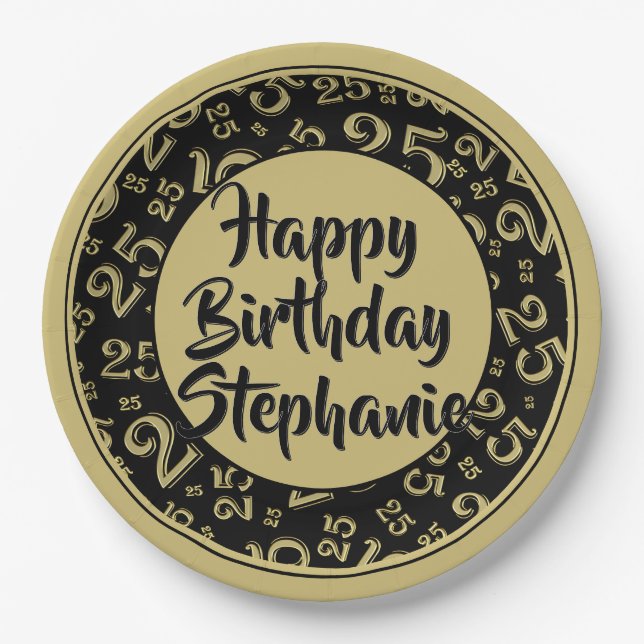 25. Party Random Number Pattern Black/Gold Pappteller (Vorderseite)