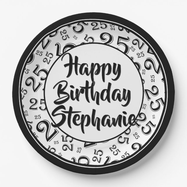 25. Party Random Number Pattern Schwarz/Weiß Pappteller (Vorderseite)