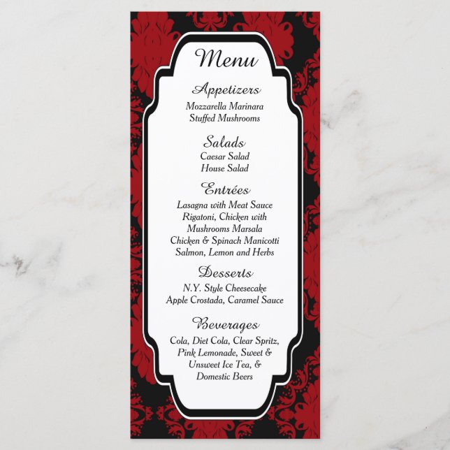 25 Romantische Red Damask Menü Cards Menükarte (Vorderseite)