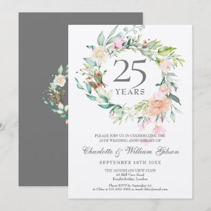 25. silberne Hochzeitstag Blumige Metalloptik Einladung