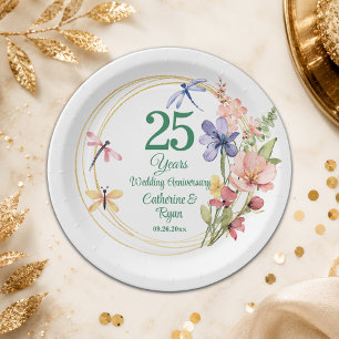 25. silberne Hochzeitstag Goldrahmen Floral Pappteller