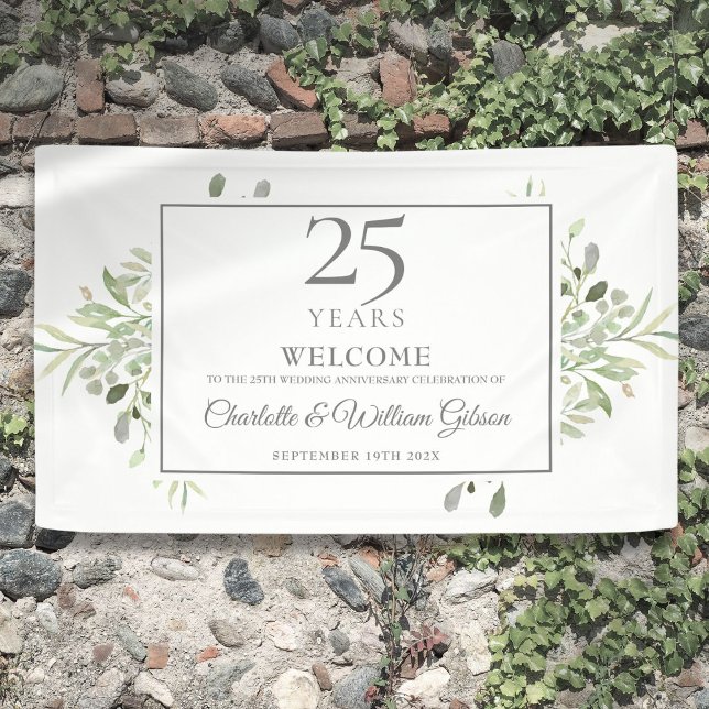 25. Silberne Hochzeitstag Grün Willkommen Banner (25th Silver Wedding Anniversary Greenery Welcome Banner)