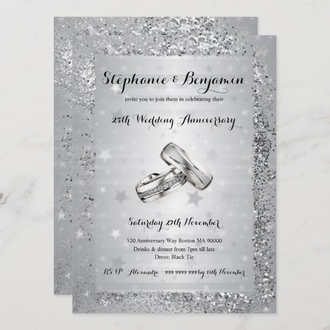 25. Silberner Hochzeitstag Glitzer Elegant Einladung (Vorne/Hinten)