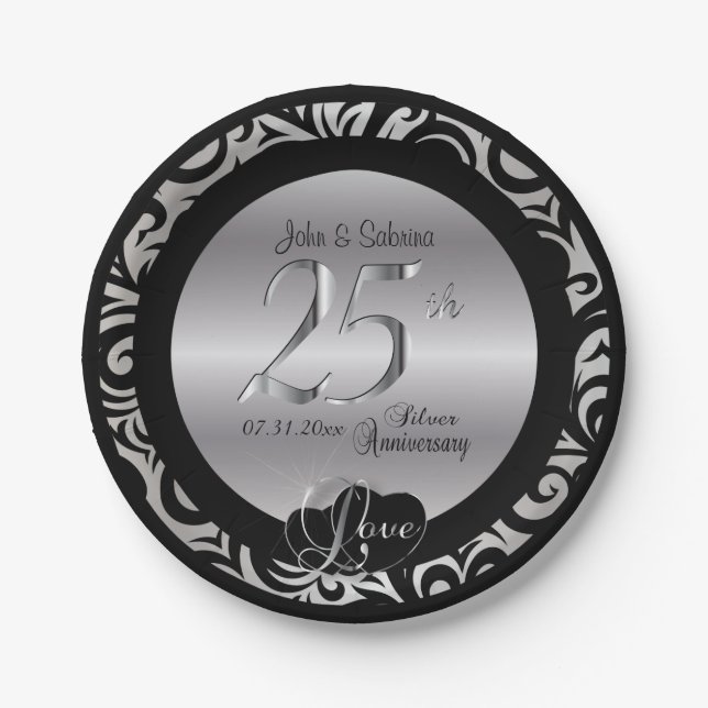 25. Silver and Black Wedding Jubiläum Pappteller (Vorderseite)