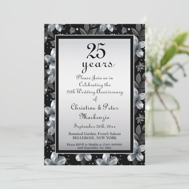 25. Silver Glitzer Blumenzwiebeln Einladung (Stehend Vorderseite)