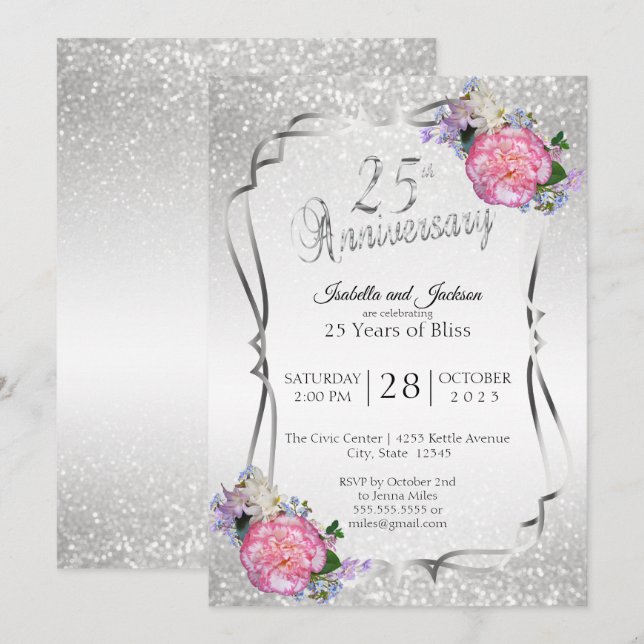 25. Silver Glitzer & Floral Jubiläum Einladung (Vorne/Hinten)