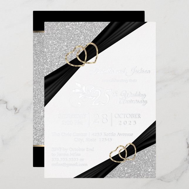 25. Silver Glitzer & Gold Heart Jubiläum Folieneinladung (Vorderseite/Rückseite)