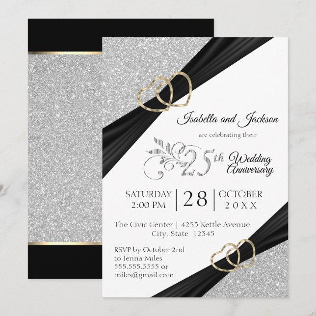 25. Silver Glitzer und Gold Heart Jubiläum Einladung (Vorne/Hinten)