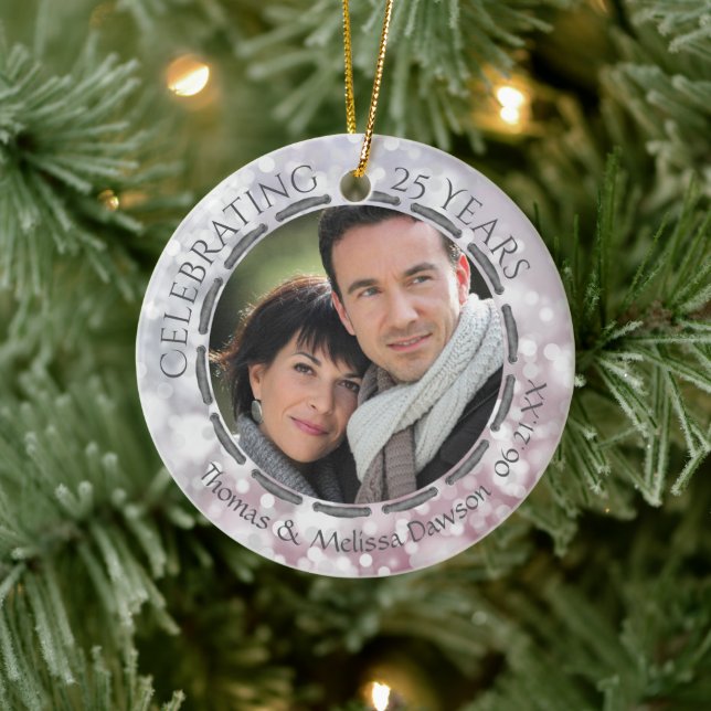 25. Silver Jubiläum, 2-seitig, 2-Foto Keramik Ornament (Baum)