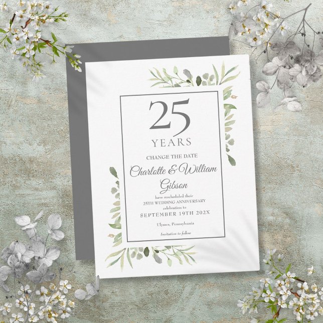25. Silver Jubiläum Ändern Sie das Datum Grün Ankündigungspostkarte (25th Silver Anniversary Change the Date Greenery Announcement Postcard)