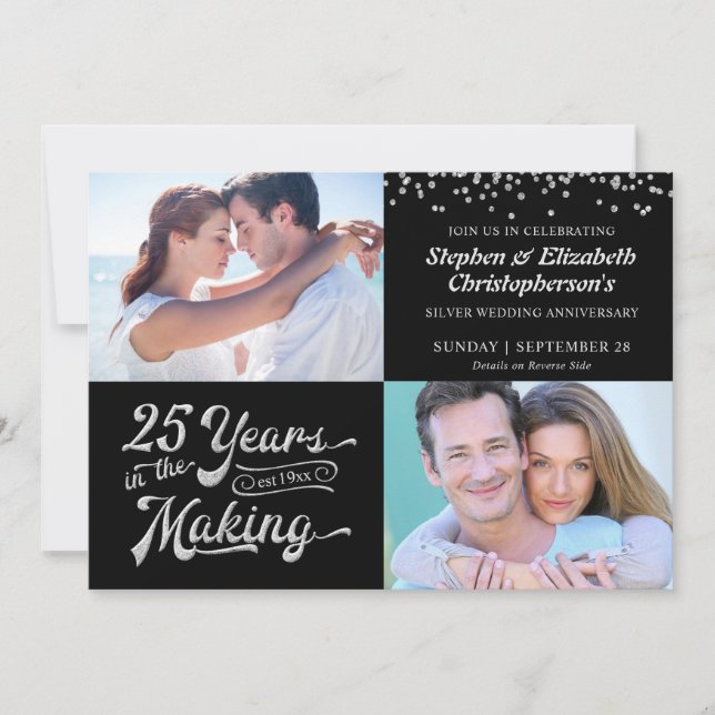 25. Silver Jubiläum Dann & Jetzt Fotos Confetti Einladung (Vorderseite)