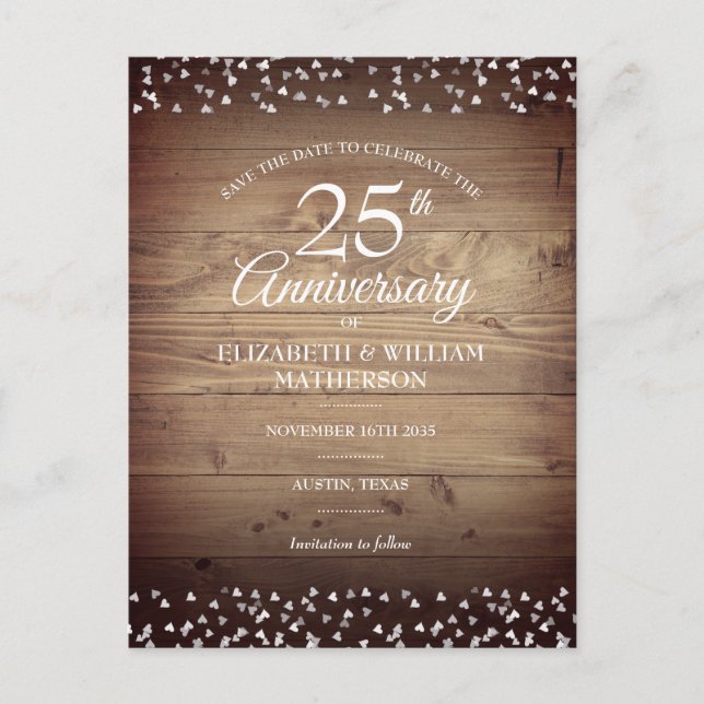 25. Silver Jubiläum Save the Date Rustikales Holz Postkarte (Vorderseite)