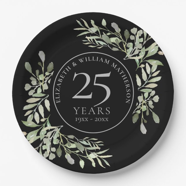 25. Silver Jubiläum Wasserfarbengrün Blumen Pappteller (Vorderseite)