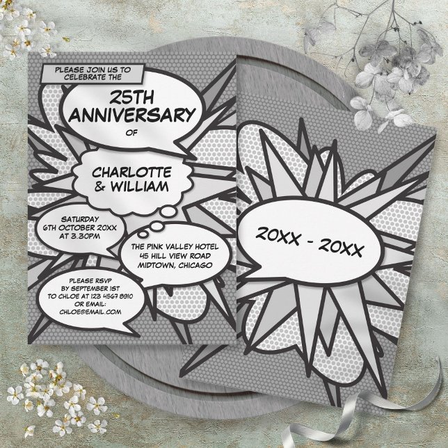 25. Silver Wedding Anniversary Comic Pop Kunst Einladung (25th Silver Wedding Anniversary Comic Book Pop Art Invitation)