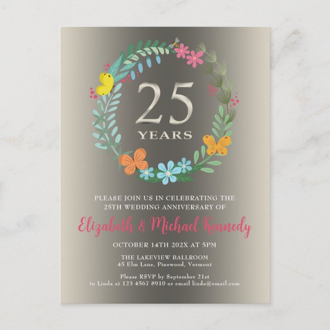 25. Silver Wedding Anniversary Floral Einladung (Vorderseite)