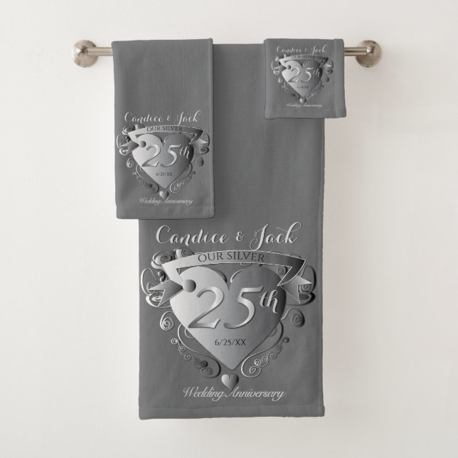 25. Silver Wedding Jubiläum 3D Herz Emblem Badhandtuch Set (Insitu)