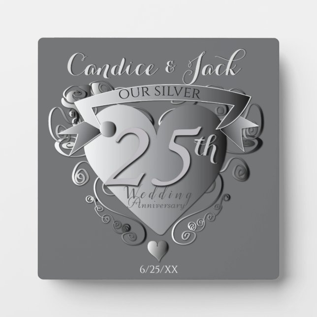 25. Silver Wedding Jubiläum 3D Herzemblem Pl Fotoplatte (Vorderseite)